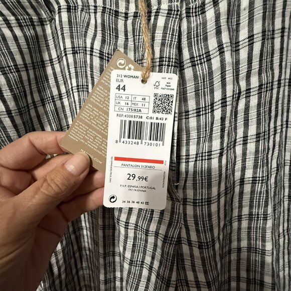 MNG by Mango Linen Pant Plaid Womens 12 Black White NEW Ankle - Picture 3 of 6